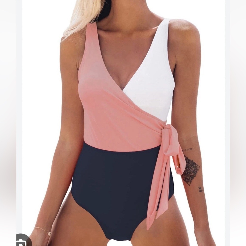 CUPSHE Women's One Piece Swimsuit‎ Wrap Color Block Tie Side Bathing Suit NWT L